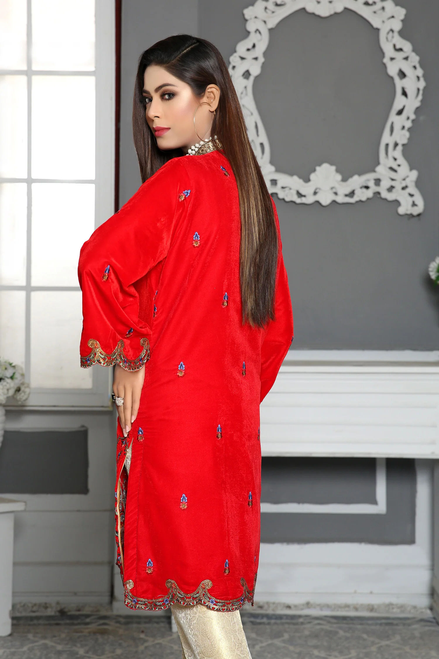 Alstroemeria- Embroidered Velvet Unstitch Kurti - Image 2