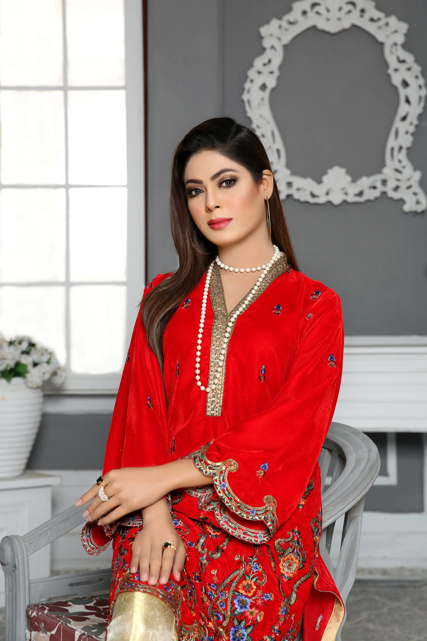 Alstroemeria- Embroidered Velvet Unstitch Kurti - Image 3