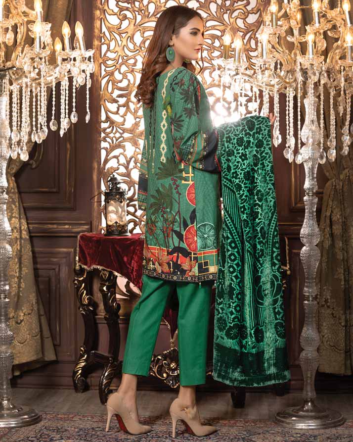 Aqua Forest -Printed & Embroidered Khaddar With Plush Shawl - Image 2