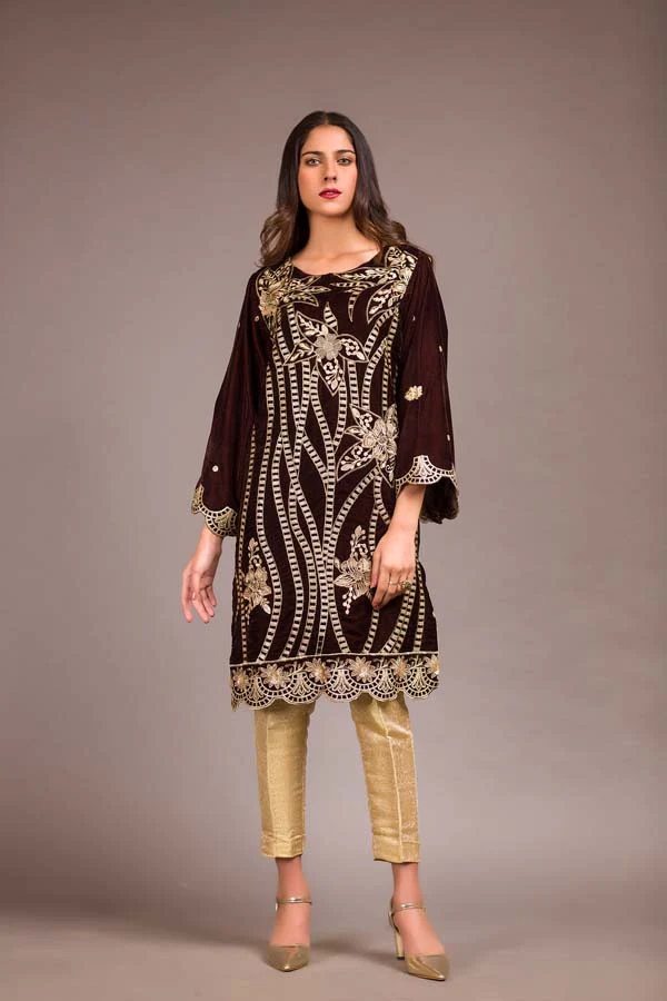 Aubergine - Embroidered Velvet Unstitch Kurti