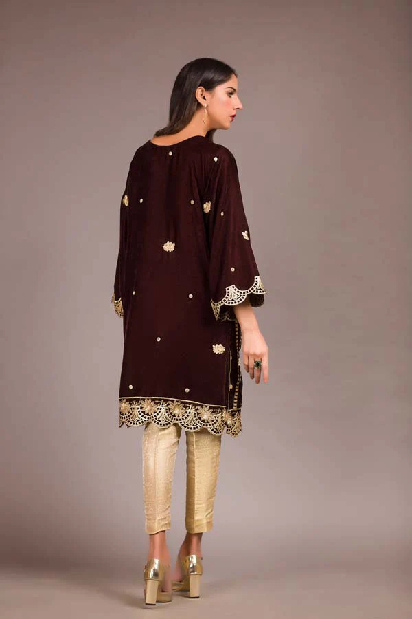 Aubergine - Embroidered Velvet Unstitch Kurti - Image 2