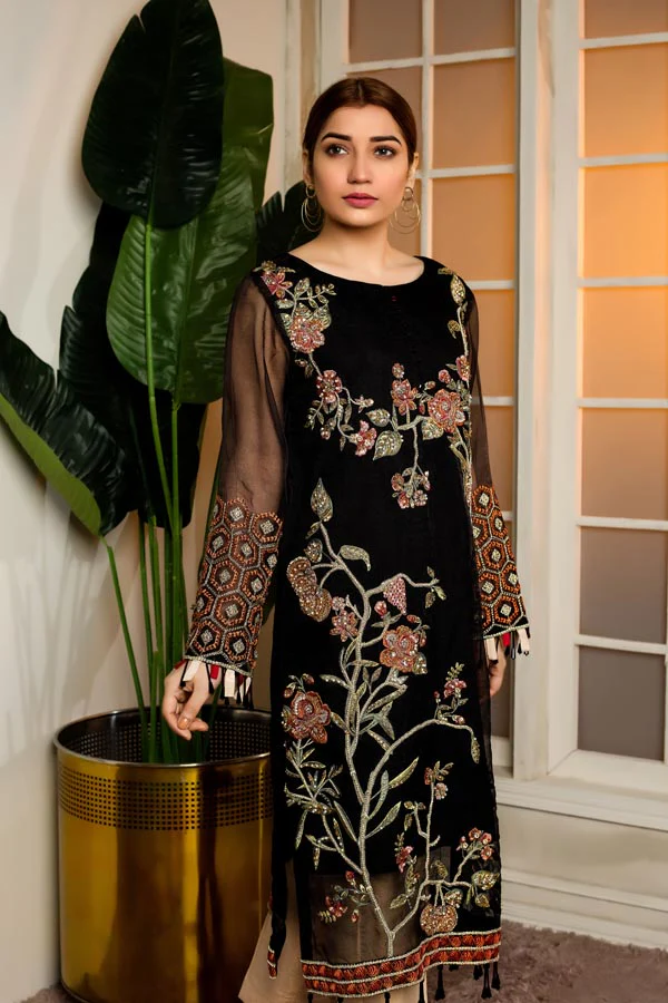 Black - Hand Embellished Embroidered Organza Shirt - Image 3