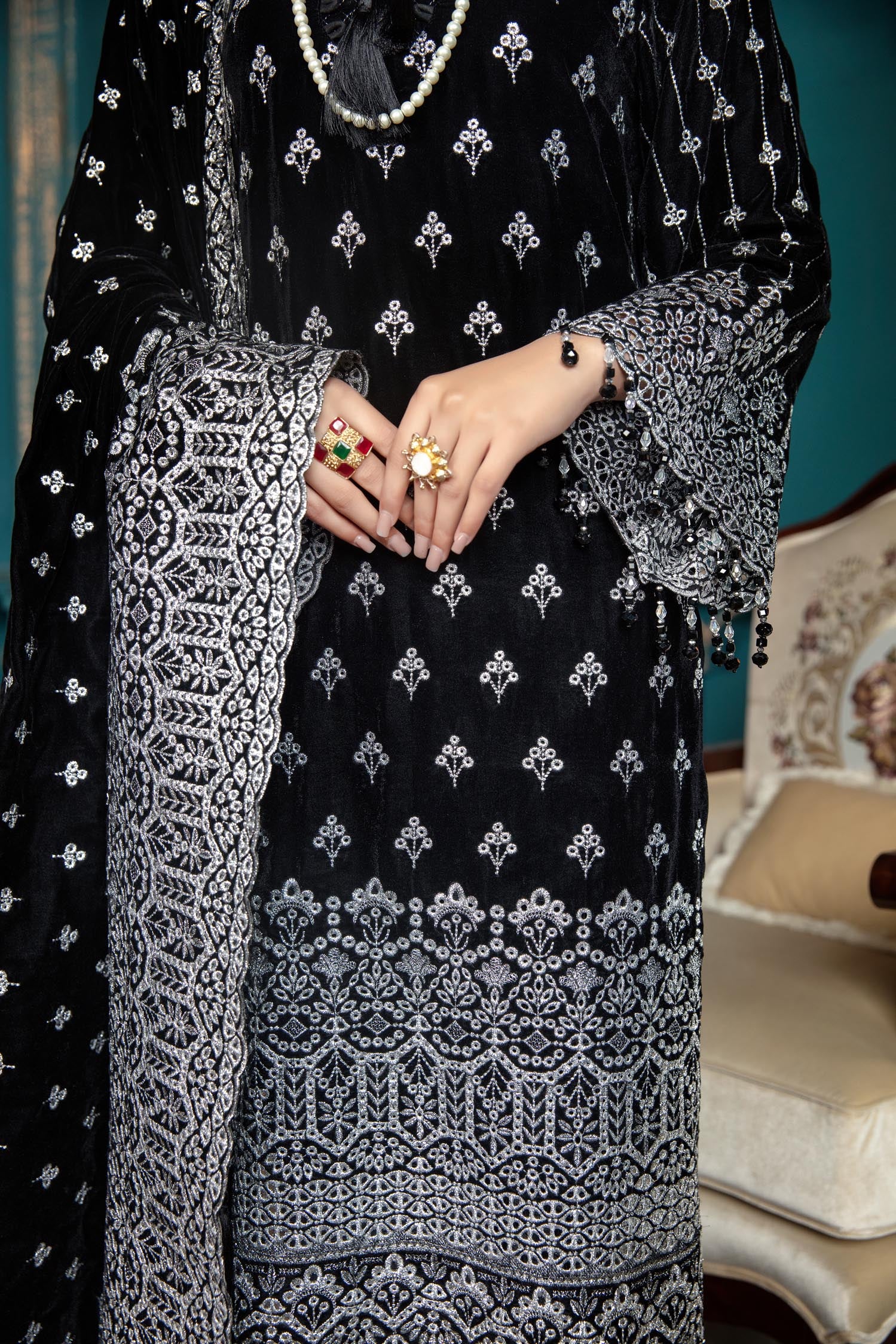 Black Rose - Embroidered Velvet 3 piece - Image 4
