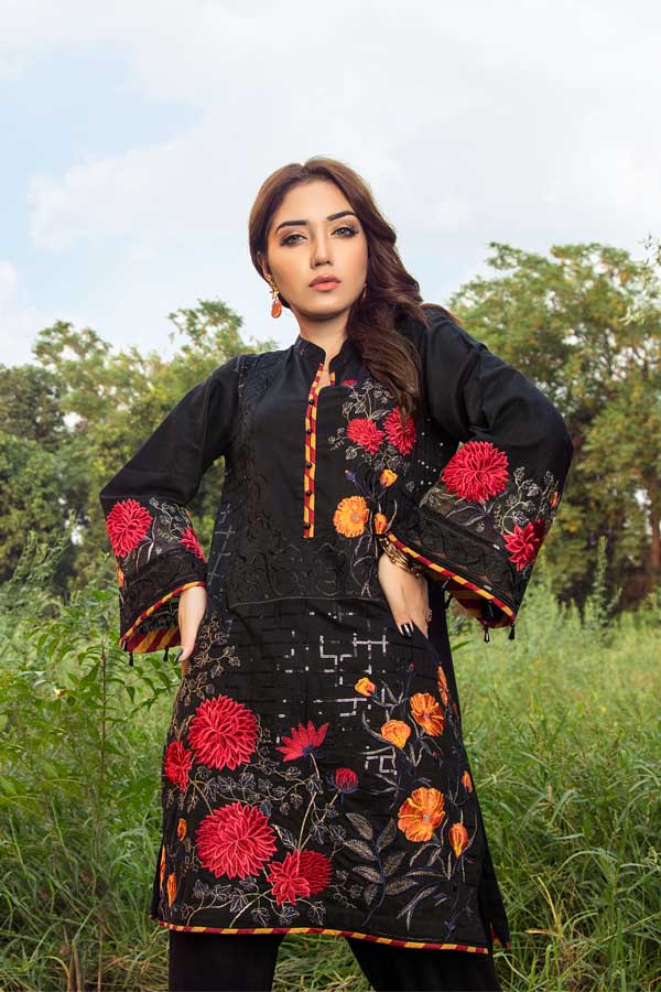 Blooming Black - Premium Embroidered Jacquard Unstiched Lawn Kurti - Image 2