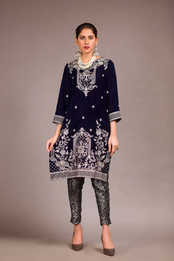 Blue Charcoal - Embroidered Velvet Unstitch Kurti