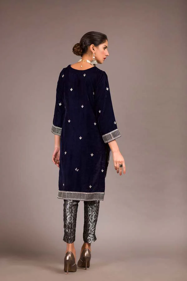 Blue Charcoal - Embroidered Velvet Unstitch Kurti - Image 2