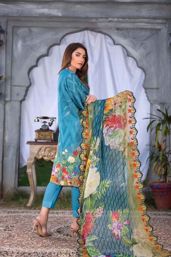 Blue Wave Digital Printed & Embroidered Karandi 3PC - Image 2