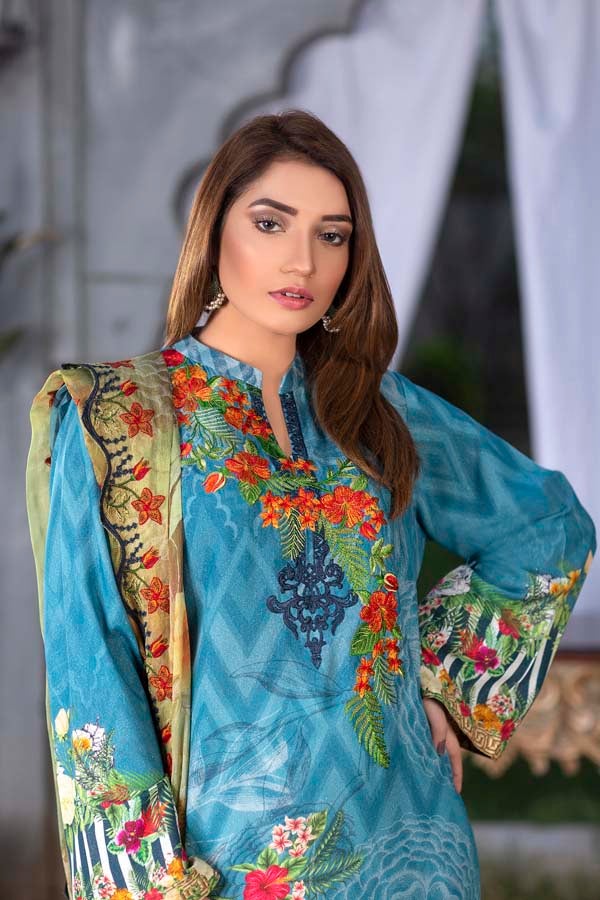 Blue Wave Digital Printed & Embroidered Karandi 3PC - Image 3