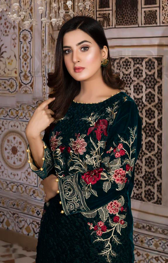 Bottle Green 01 -  Embroidered Velvet Un Stitched (2 Piece) - Image 2