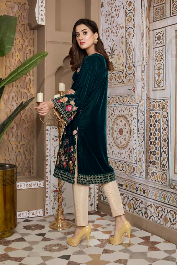 Bottle Green 02 -  Embroidered Velvet Un Stitched (2 Piece) - Image 2
