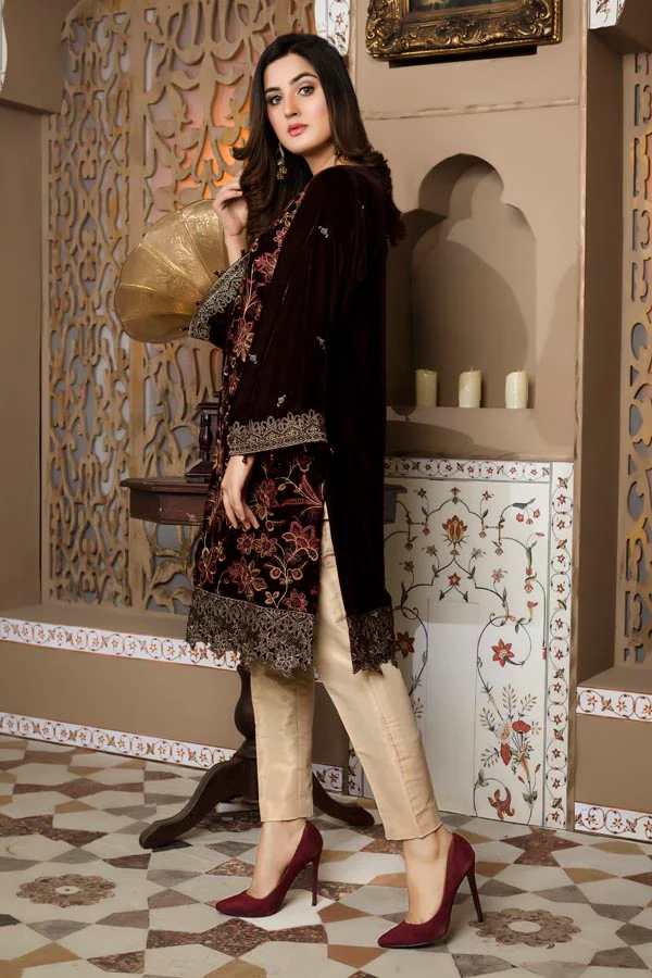 Brown 01 -  Embroidered Velvet Un Stitched (2 Piece) - Image 2