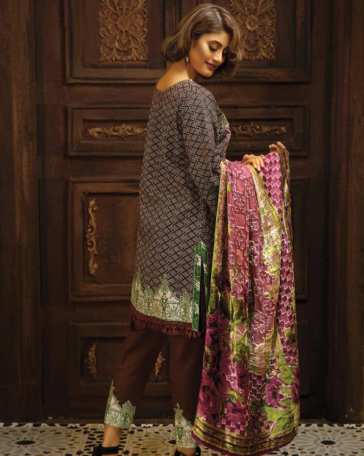 BROWN - Printed & Embroidered Khaddar With Plush Shawl - Image 2
