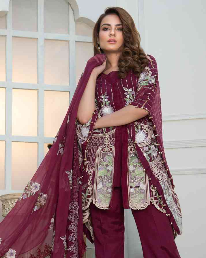 Burgundy Desire (Embroidered Chiffon 3 Piece) - Image 3