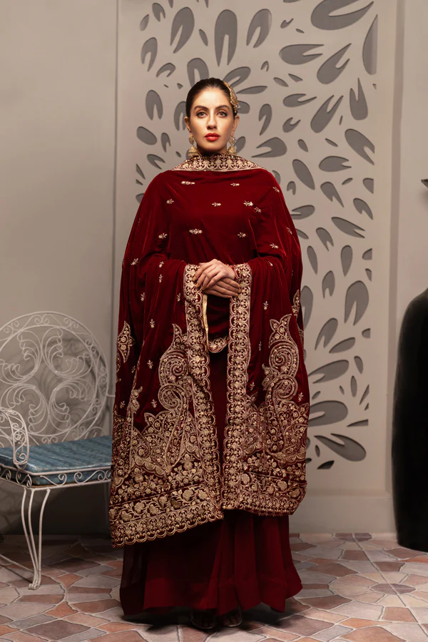 Burgundy - Embroidered Velvet Shawl - Image 2