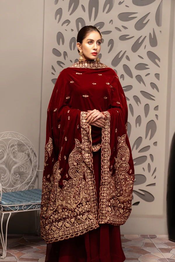 Burgundy - Embroidered Velvet Shawl - Image 3