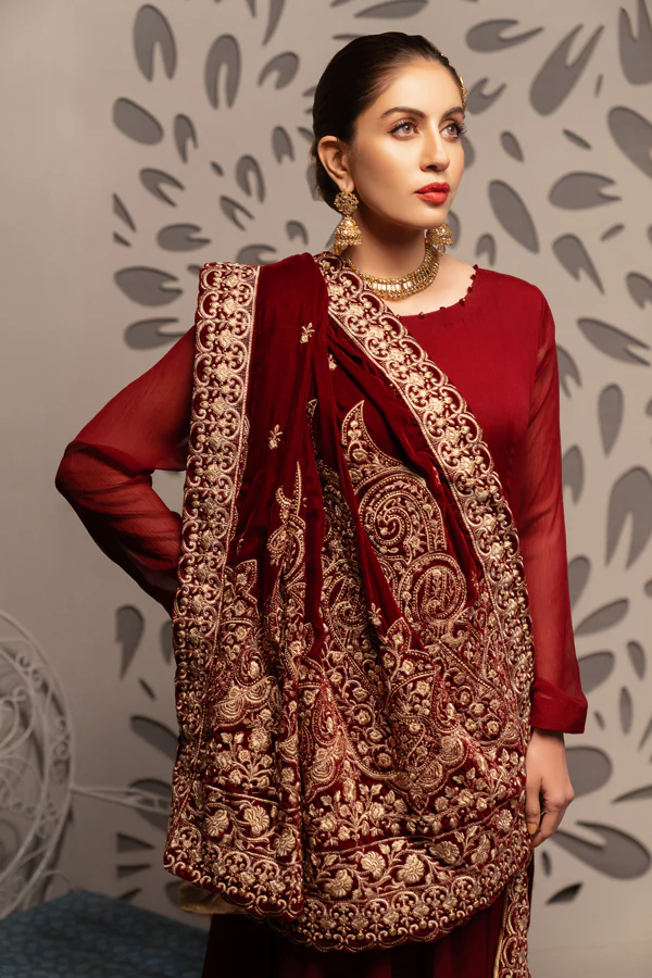 Burgundy - Embroidered Velvet Shawl - Image 4