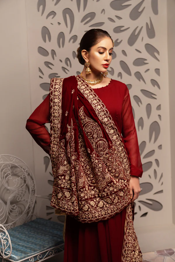 Burgundy - Embroidered Velvet Shawl - Image 5