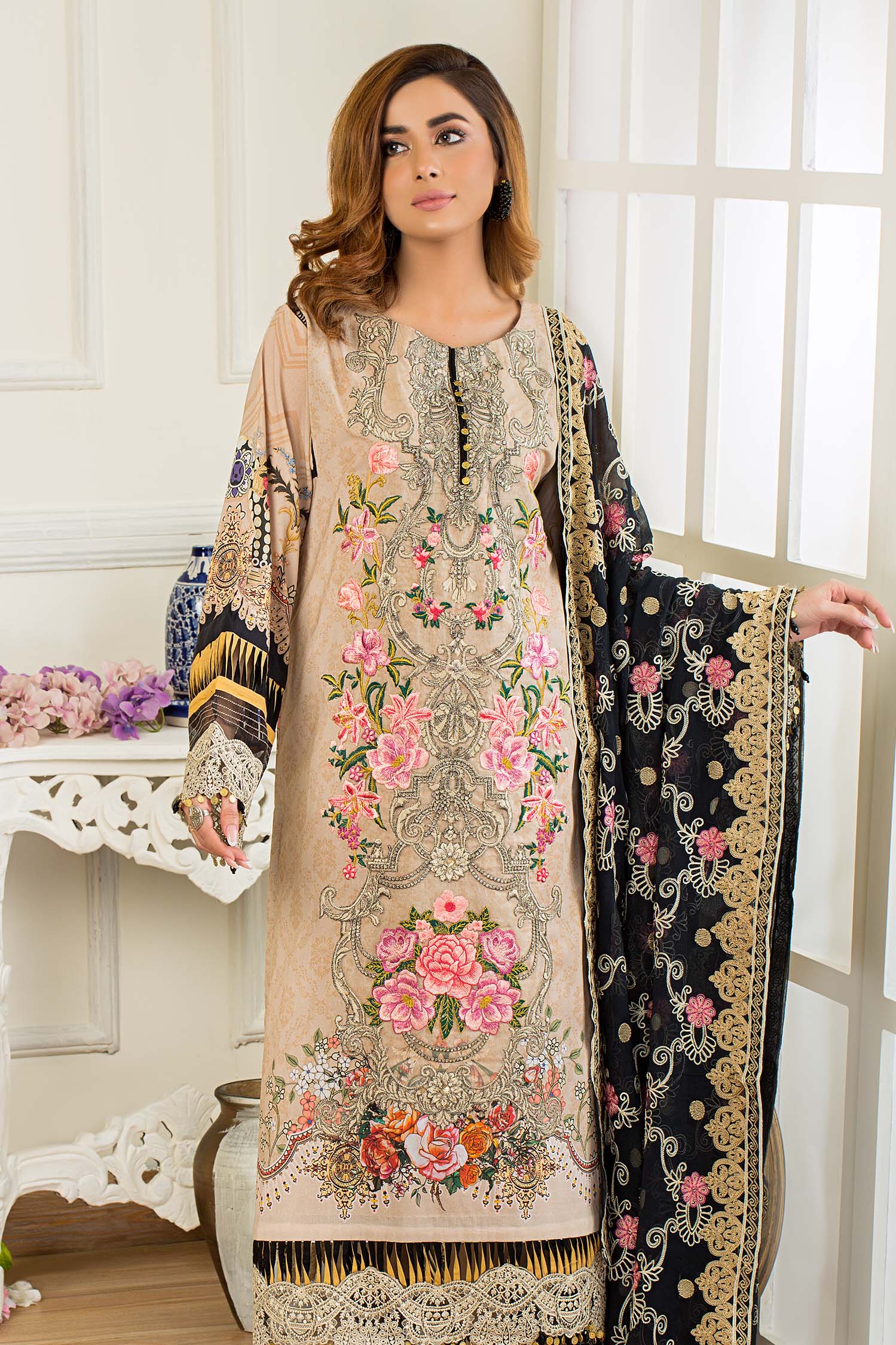 Burly Wood - Digital Printed & Embroidered Swiss Lawn