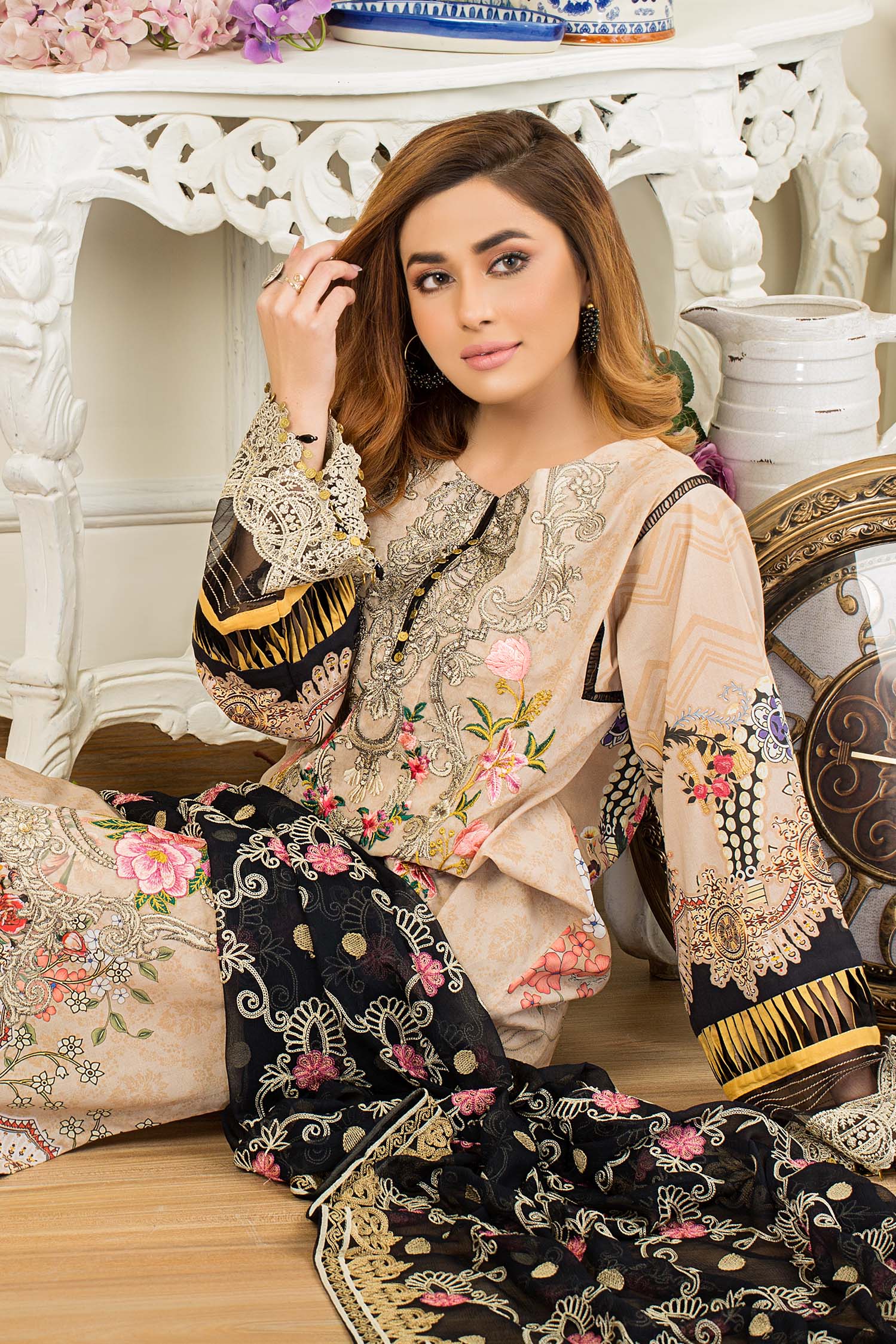 Burly Wood - Printed & Embroidered Swiss Lawn Stitched - Image 3
