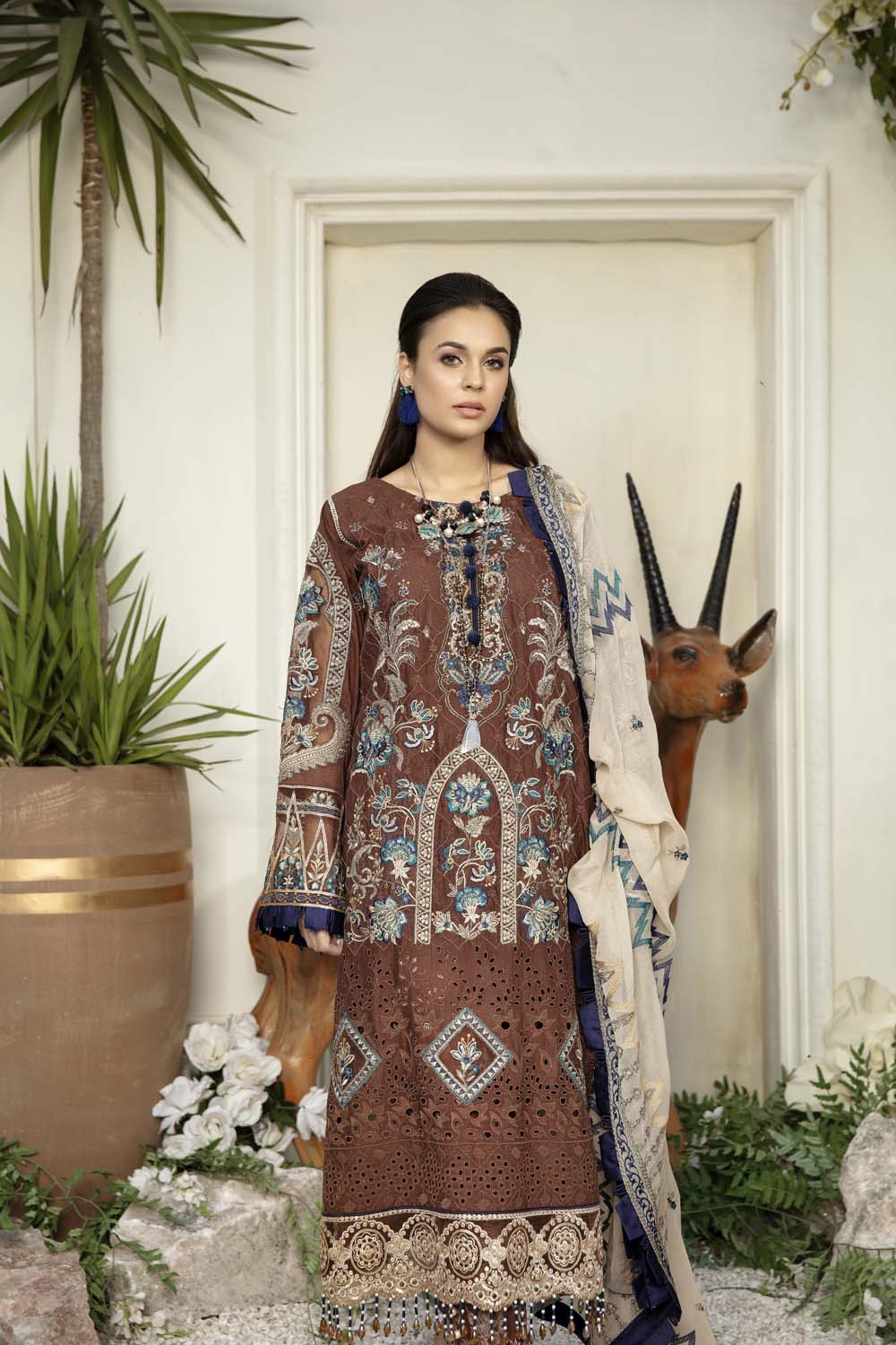 Burnt Umber - Schiffli Embroidered Lawn (3PC) - Image 4