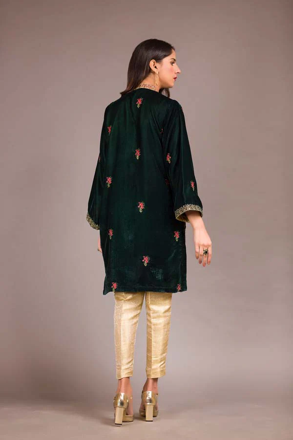 Bush Green - Embroidered Velvet Unstitch Kurti - Image 2