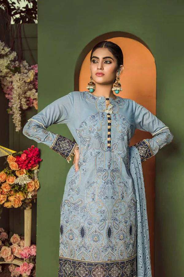 CADET BLUE - EMBROIDERED LAWN UNSTITCHED - Image 3
