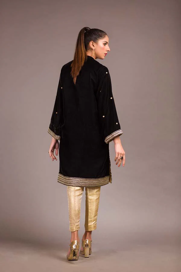 Cannon Black - Embroidered Velvet Unstitch Kurti - Image 2