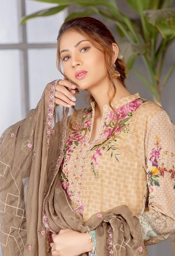Carob - Digital Printed Embroidered Lawn With Chiffon Dupatta - Image 2