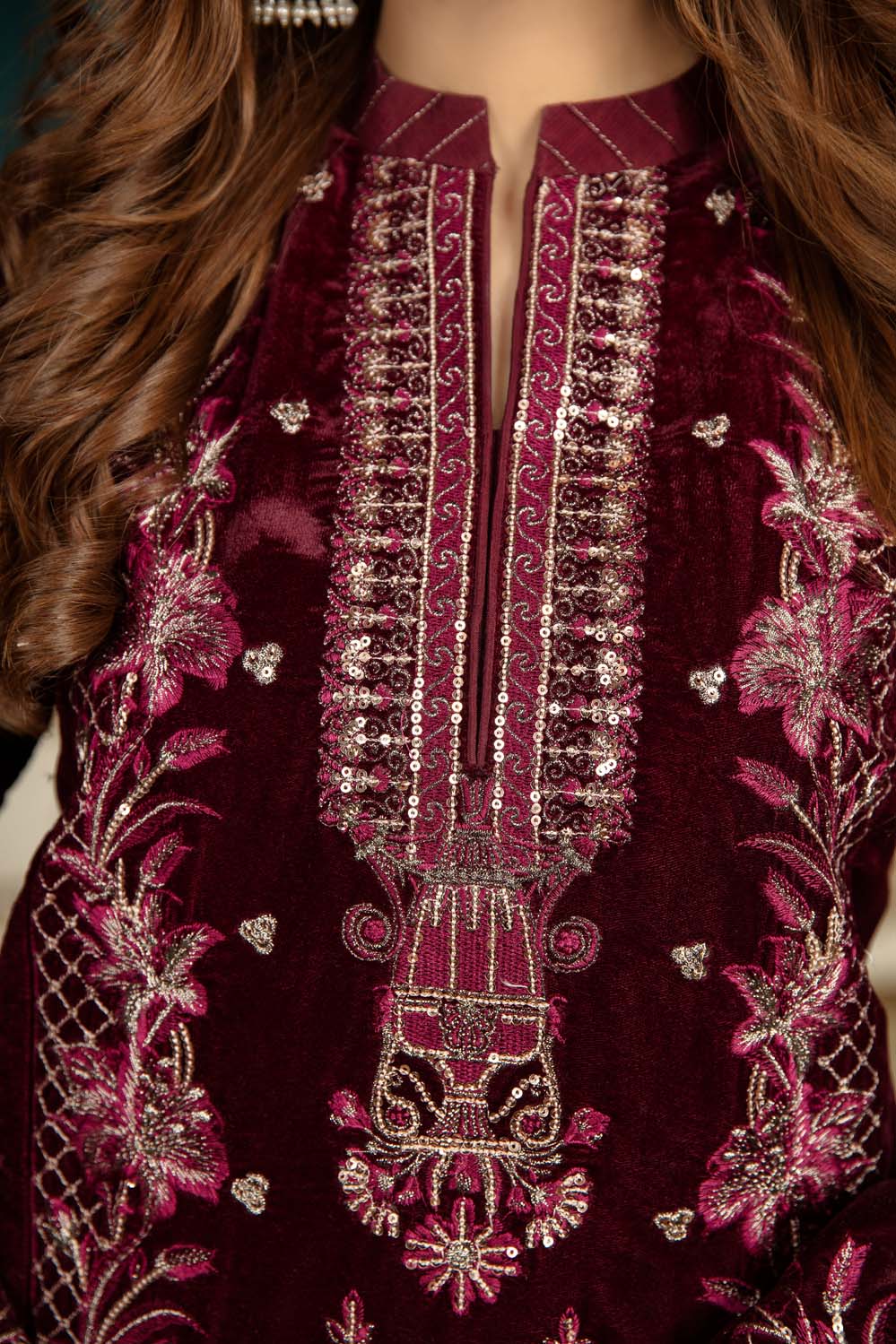 Charming Maroon - Stitched Embroidered Velvet 2PC - Image 3