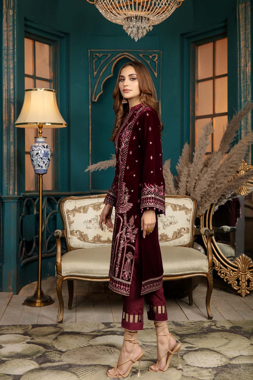 Charming Maroon - Stitched Embroidered Velvet 2PC - Image 6