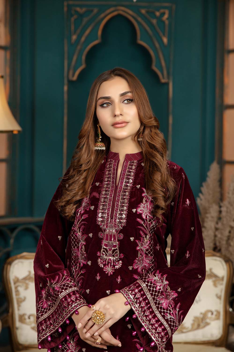 Charming Maroon - Stitched Embroidered Velvet 2PC - Image 7