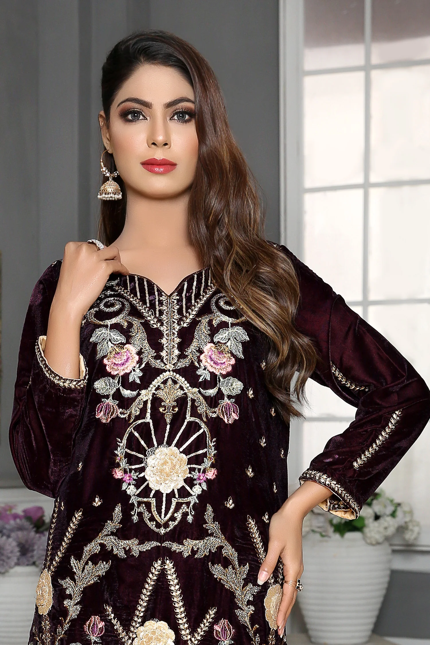 Chrysan - Embroidered Velvet Unstitch Kurti - Image 2