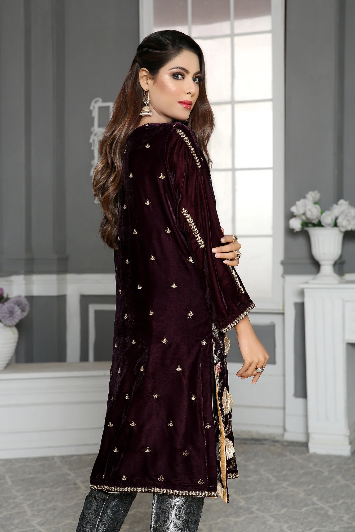 Chrysan - Embroidered Velvet Unstitch Kurti - Image 3