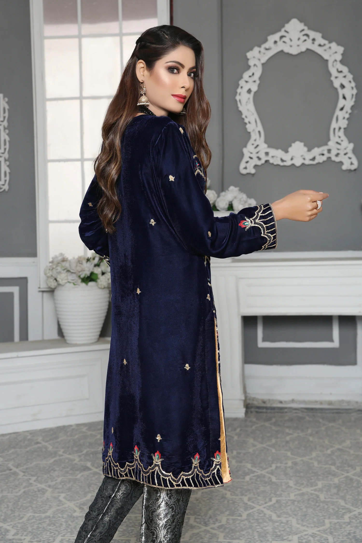 Clematis- Embroidered Velvet Unstitch Kurti - Image 2