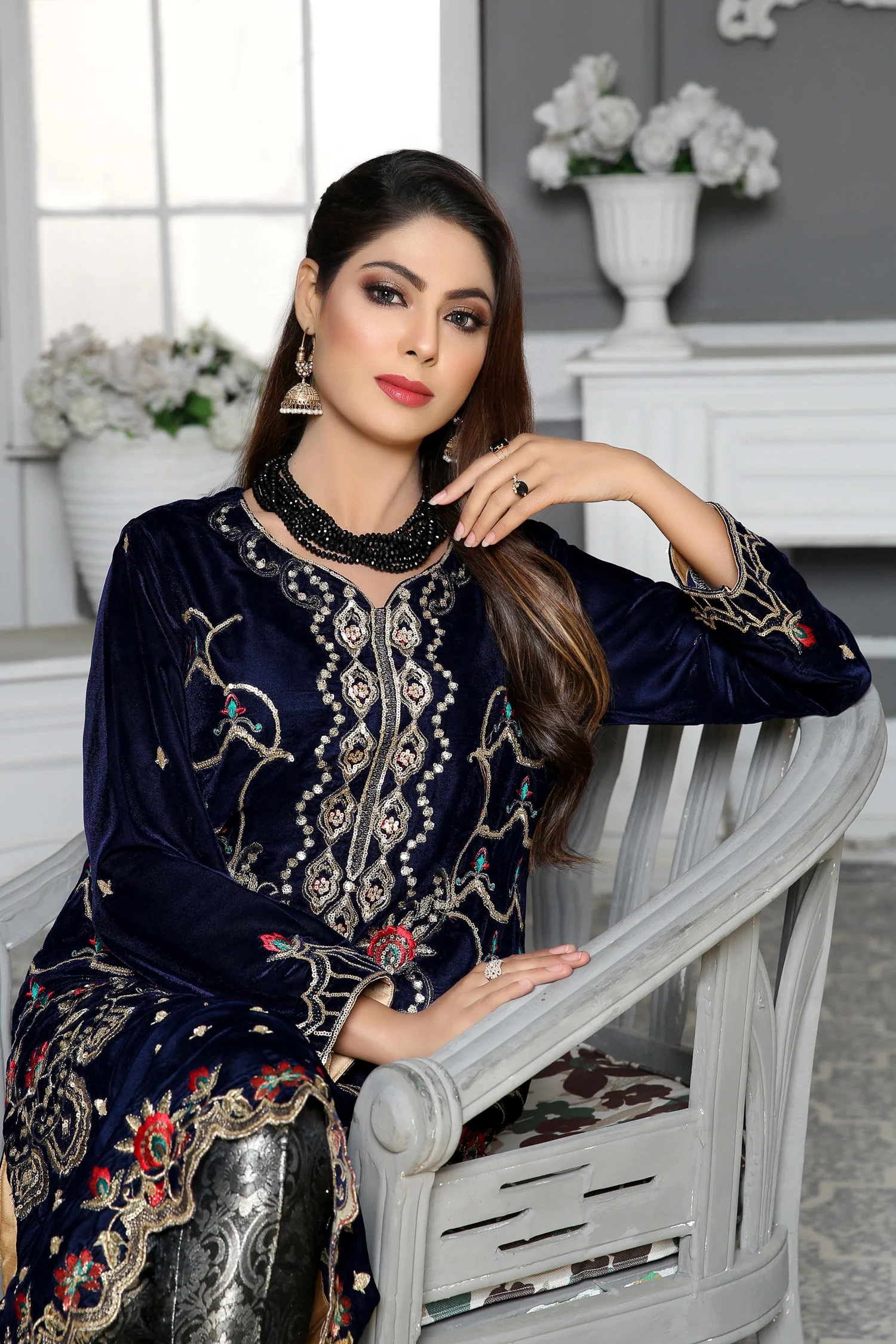 Clematis- Embroidered Velvet Unstitch Kurti - Image 3