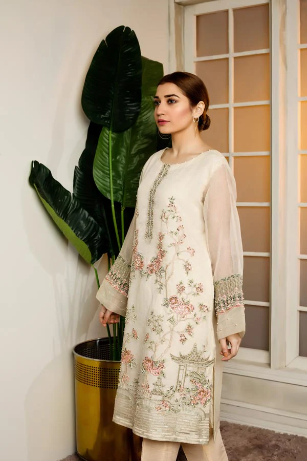 Cloudy White - Hand Embellished Embroidered Organza Shirt - Image 3