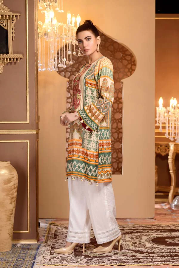 Colonial White - Digital Printed and Embroidered Mesuri Lawn Kurti - Image 2