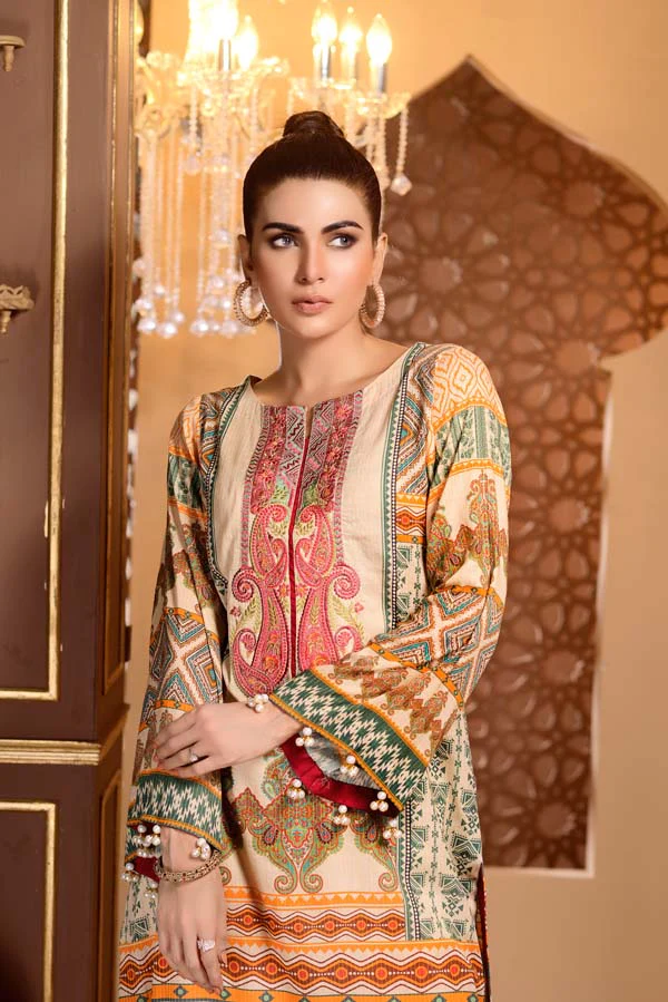 Colonial White - Digital Printed and Embroidered Mesuri Lawn Kurti - Image 4