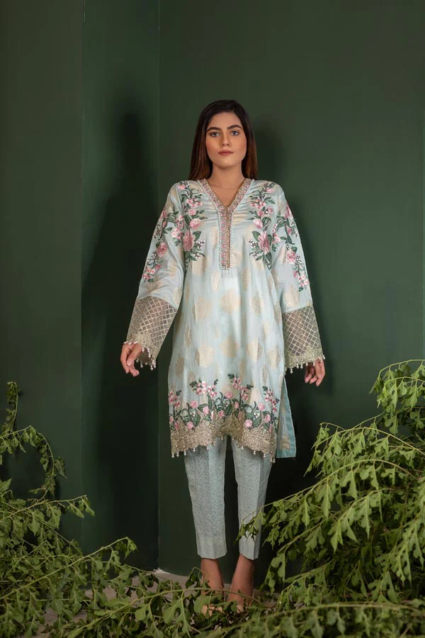 Powder Blue - Jacquard Embroidered Unstitch 2 Piece