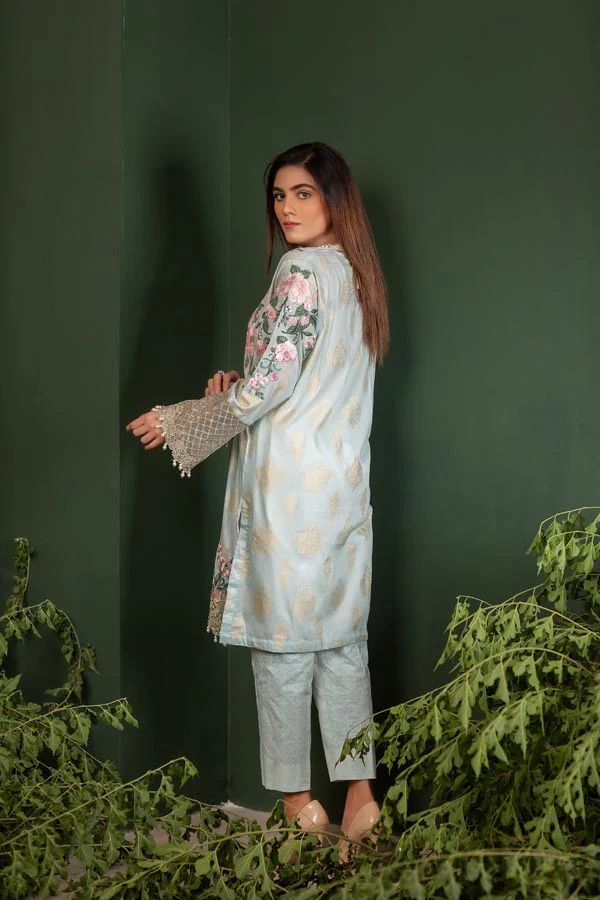 Powder Blue - Jacquard Embroidered Unstitch 2 Piece - Image 2