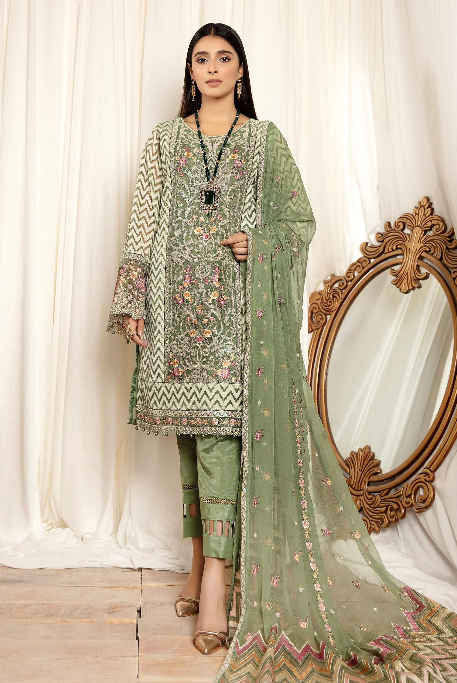 Oyster - Stitched Embroidered Organza 3PC