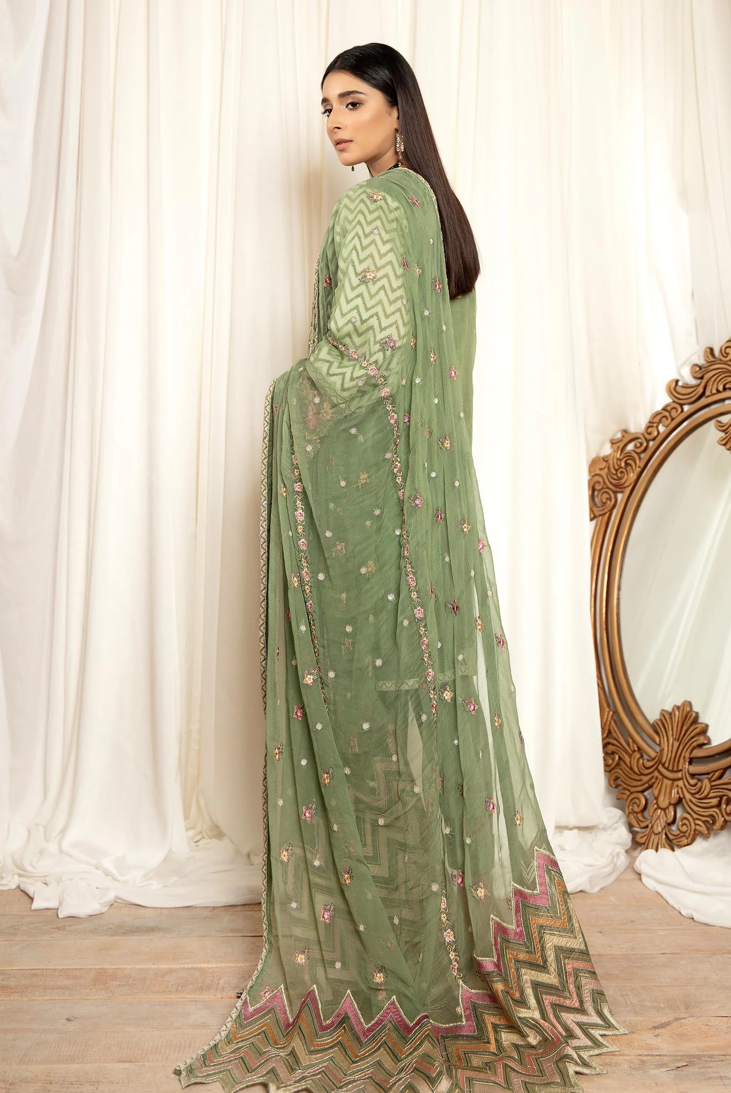 Oyster - Stitched Embroidered Organza 3PC - Image 2