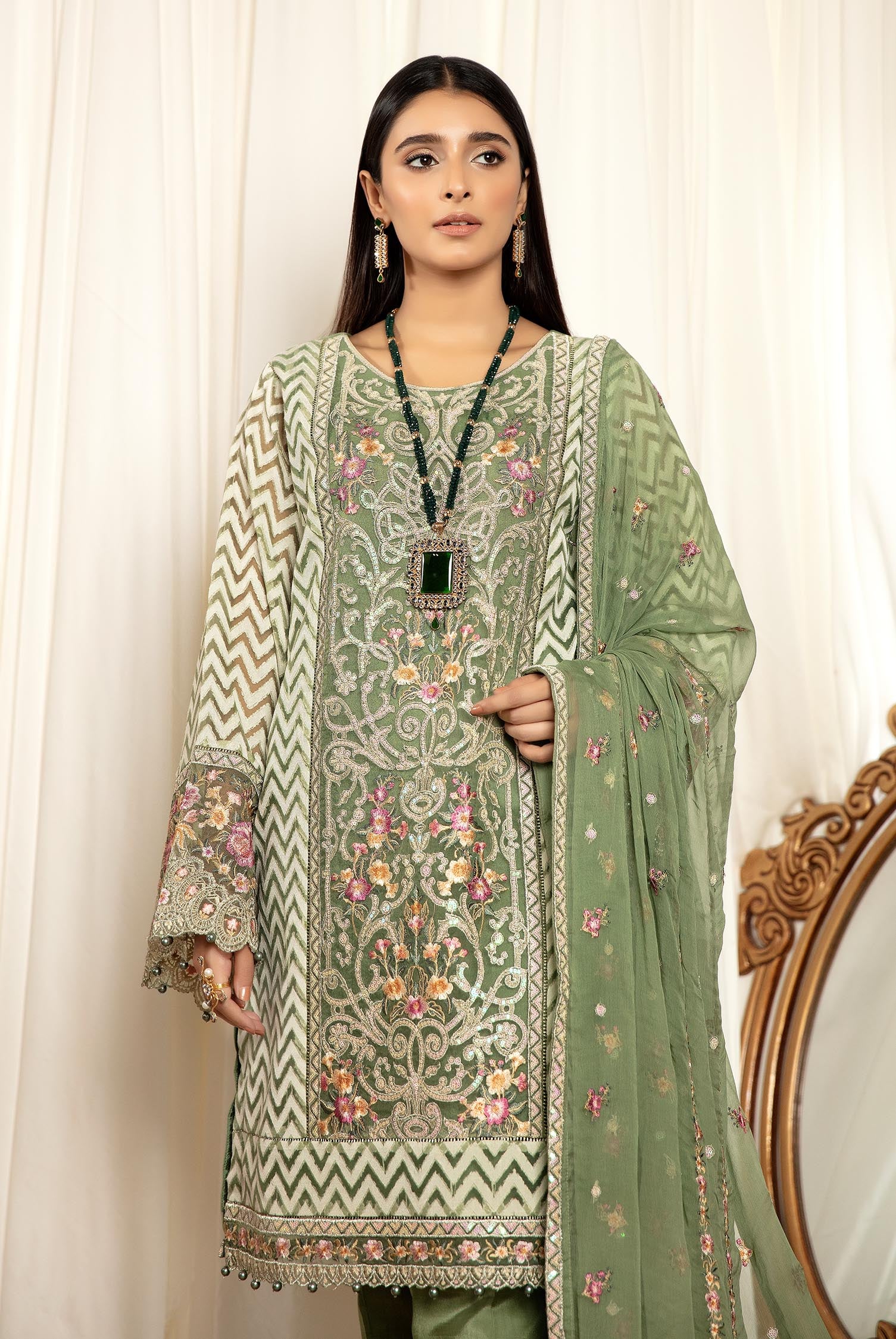 Oyster - Stitched Embroidered Organza 3PC - Image 4