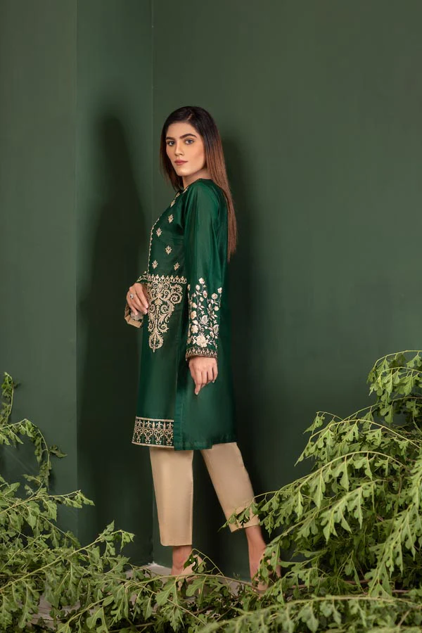 Dark Green - Embroidered Lawn Stitch Shirt - Image 2