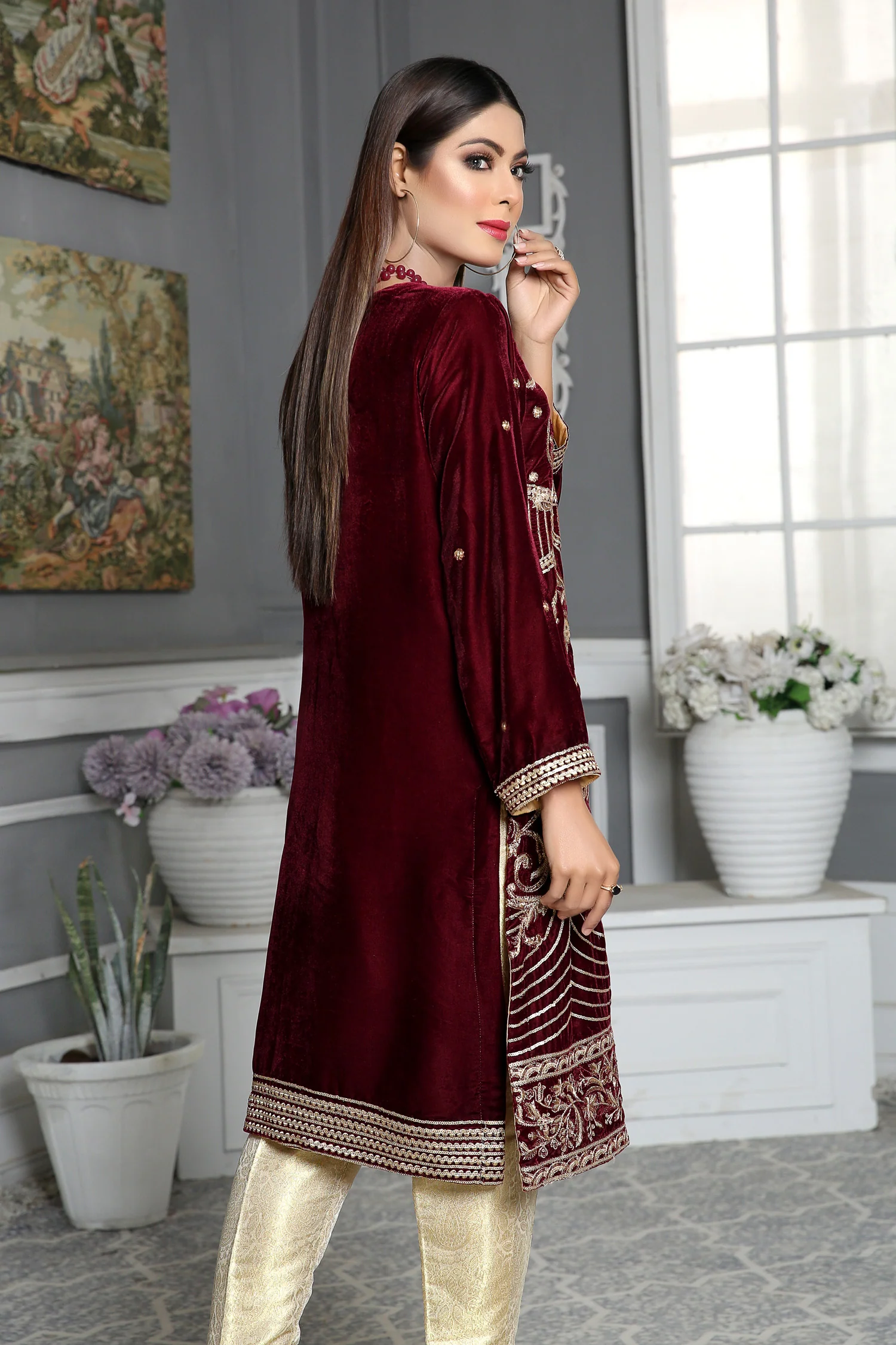 Cosmos - Embroidered Velvet Unstitch Kurti - Image 2