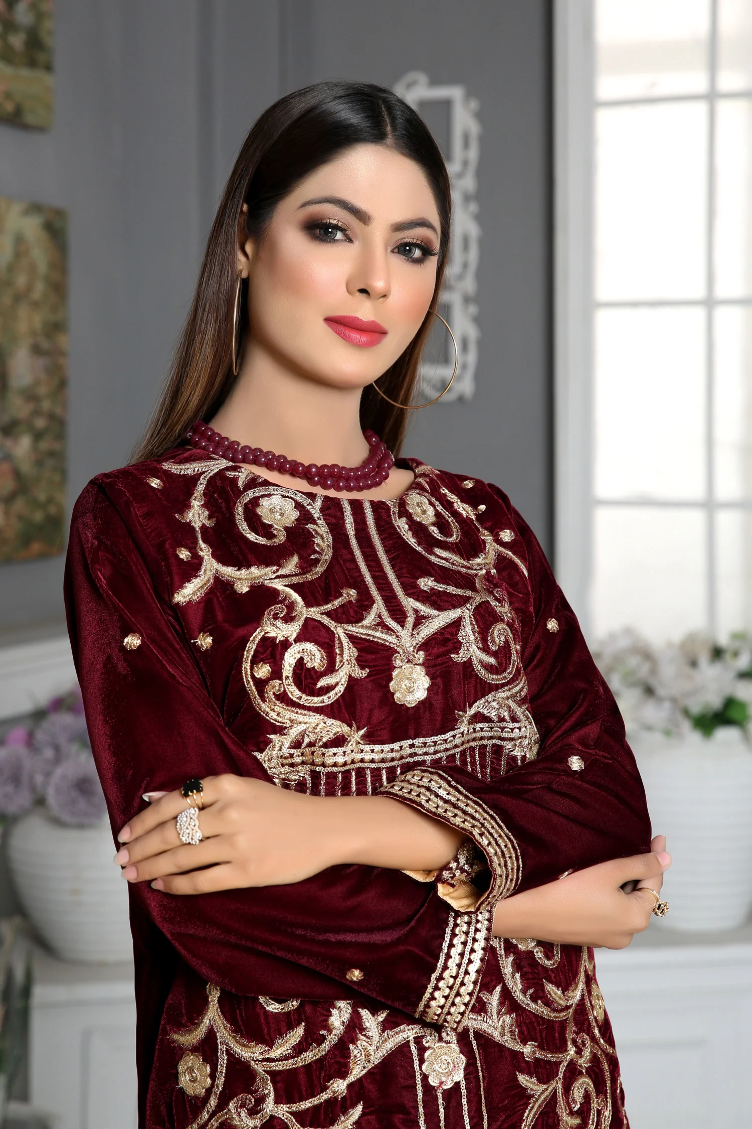 Cosmos - Embroidered Velvet Unstitch Kurti - Image 3