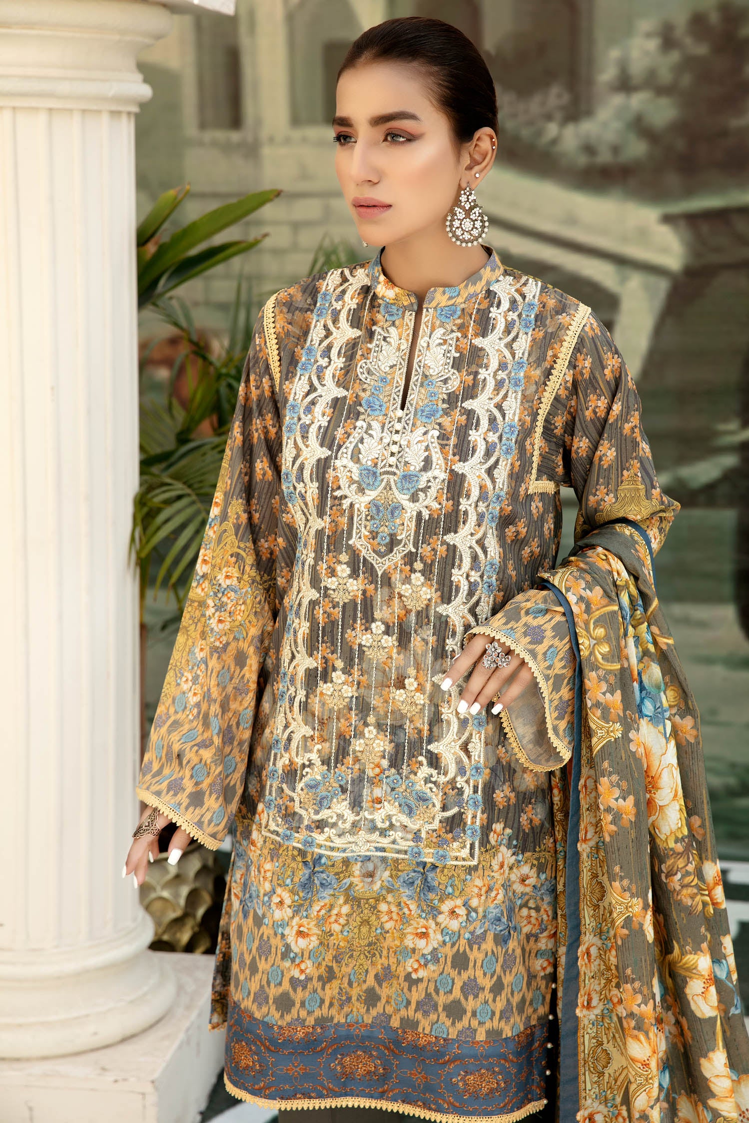 Crown Grey - Digital Printed & Embroidered Lawn 3PC - Image 2