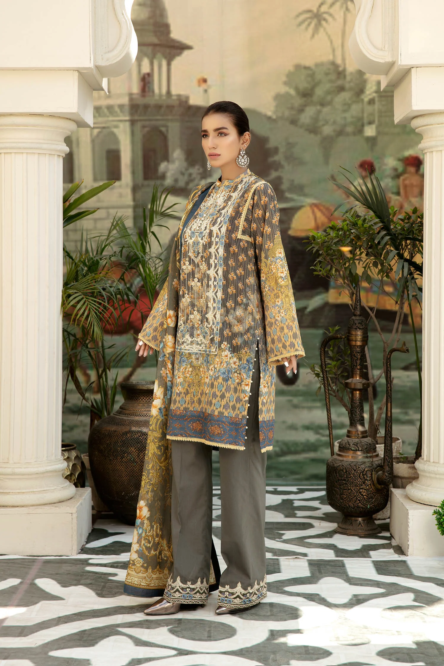 Crown Grey - Digital Printed & Embroidered Lawn 3PC - Image 3