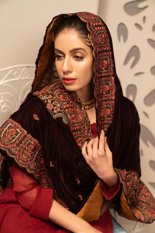 Dark Auburn - Embroidered Velvet Shawl - Image 5