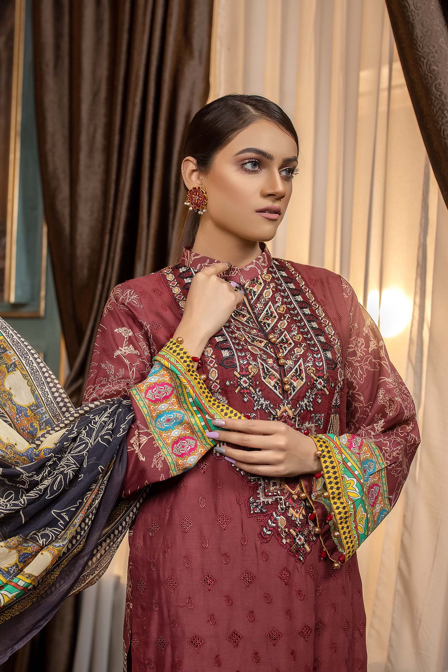 Dark Sienna - Embroidered & Printed Lawn - Image 3